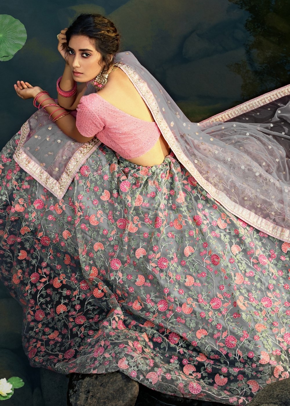 Seal Grey Designer Soft Net Lehenga Choli with Sequins, Thread & Zari work | Ready To Wear - qivii