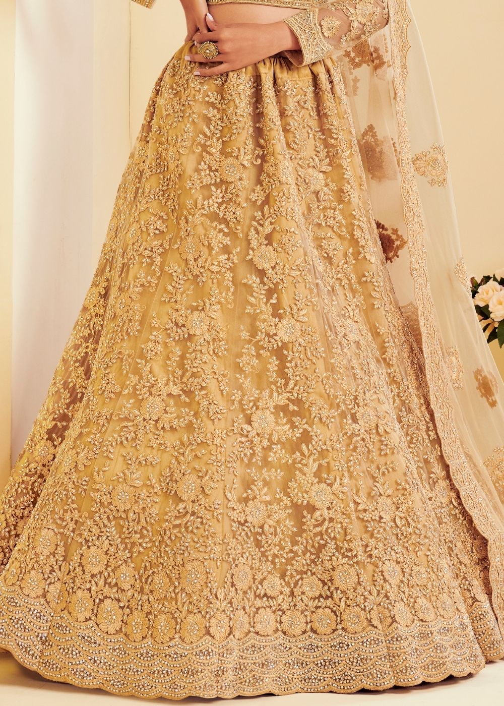 Antique Golden Soft Net Lehenga Choli with Cording Embroidery & Stone work | Ready To Wear - qivii