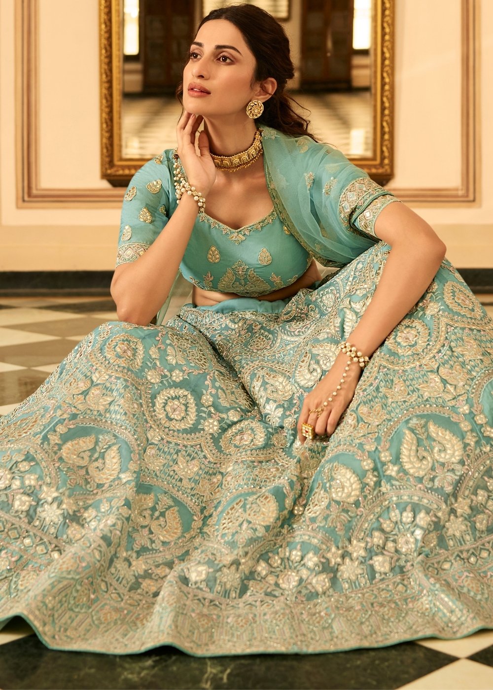 Turquoise Blue Organza Lehenga Choli with Zari, Dori, Resham, Gota & Zarkan work | Ready To Wear - qivii