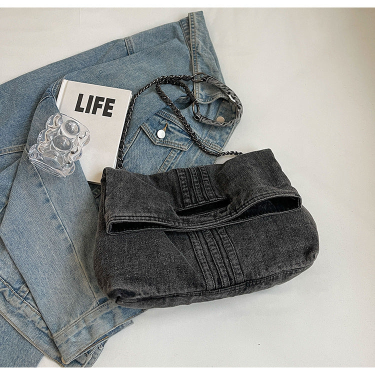 Women's Vintage Denim Tote Bag with Chain Strap – Structured Large-Capacity Crossbody & Shoulder Bag