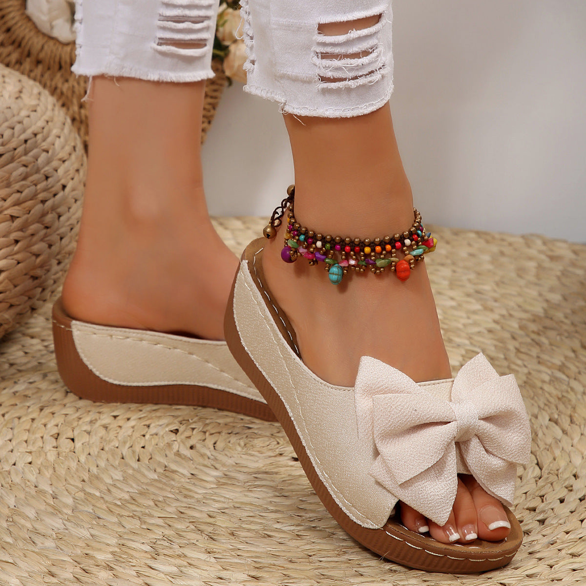 Women’s Liora Bow Flower Platform Wedge Slide Sandals – Peep-Toe Wide Strap Summer Slides (US 5–10.5)