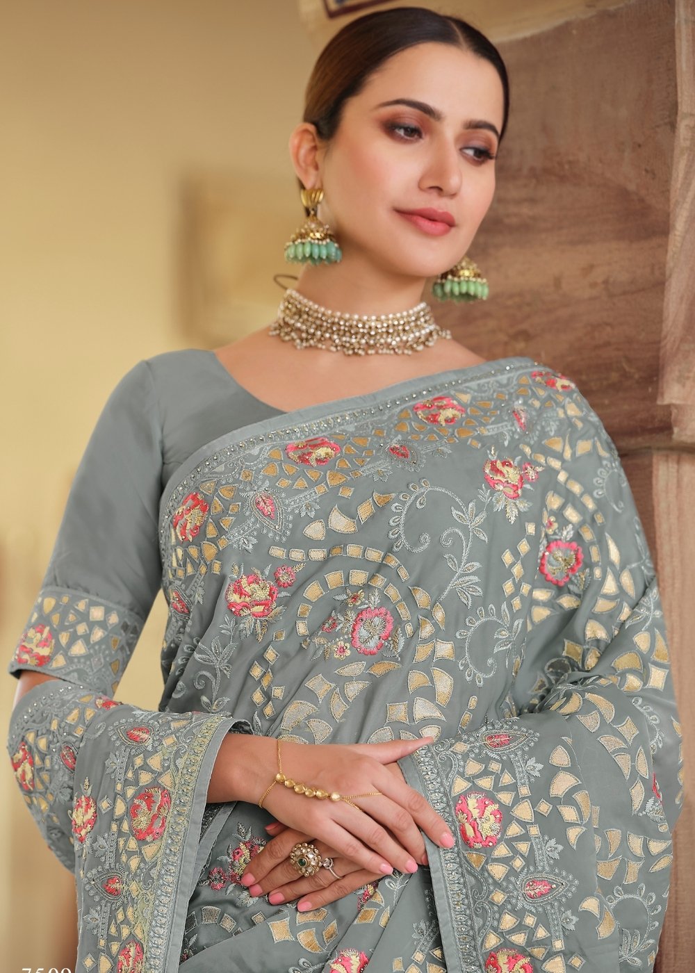 Lava Grey Designer Satin Georgette Saree with Gota & Resham work - qivii