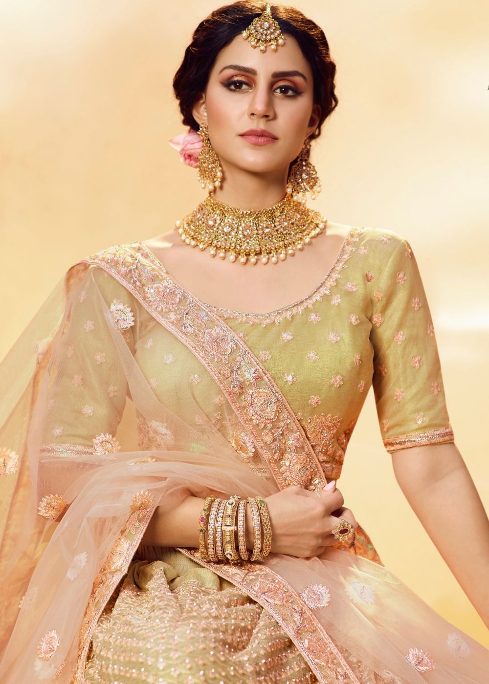 Golden Silk and Soft Net Bridal Lehenga Choli with Resham Embroidery and Aari work | Ready To Wear - qivii