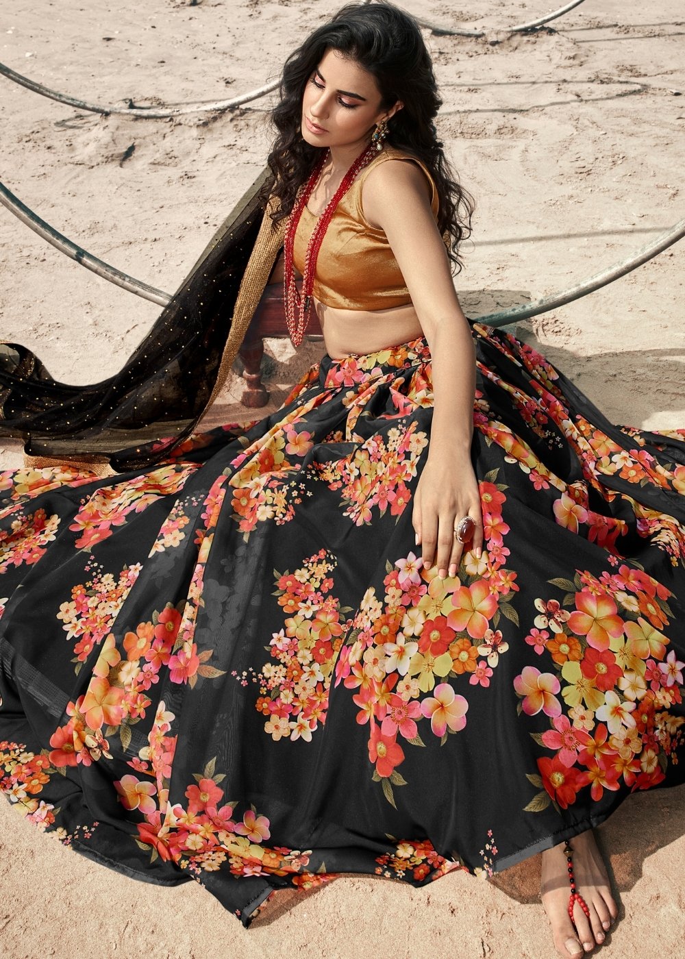 Onyx Black Designer Printed Organza Lehenga with Soft Net Dupatta | Ready To Wear - qivii