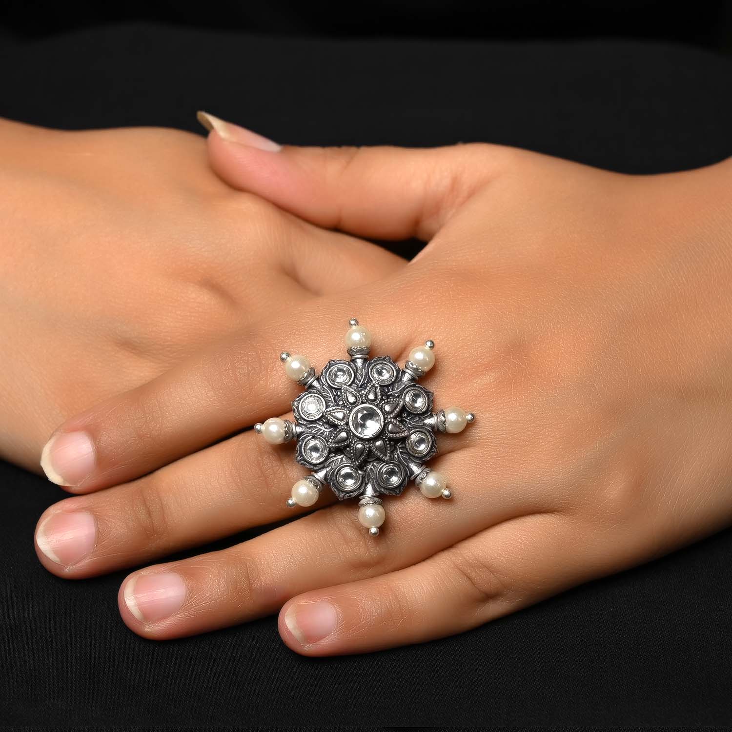 Forum Pearl White Oxidized Silver Plated Boutique Ring - qivii