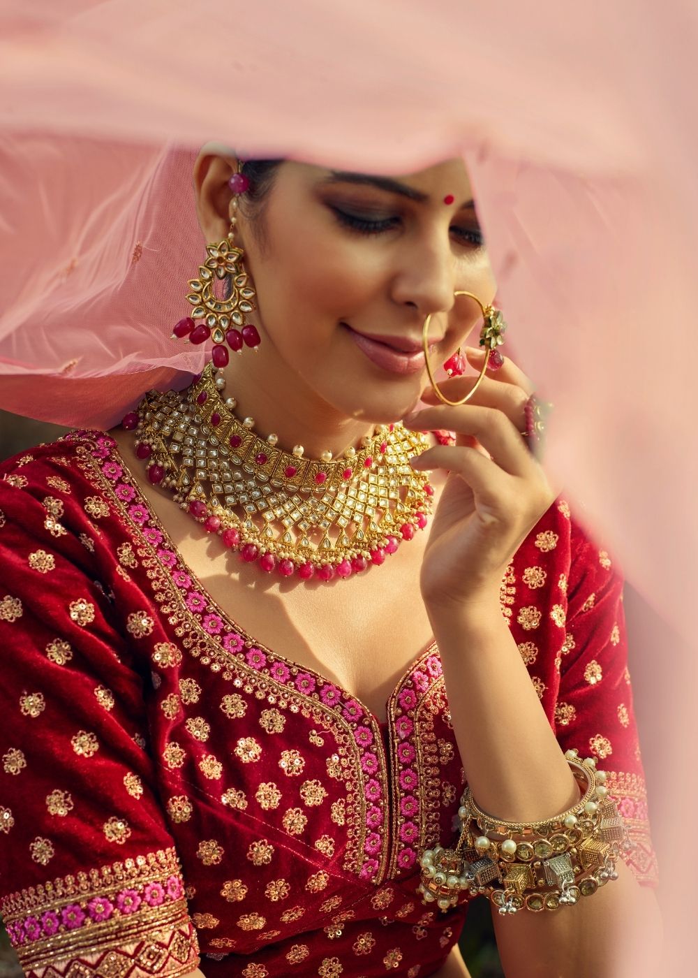 Sangria Red Bridal Velvet Lehenga Choli with Embroidery & Hand work | Ready To Wear - qivii
