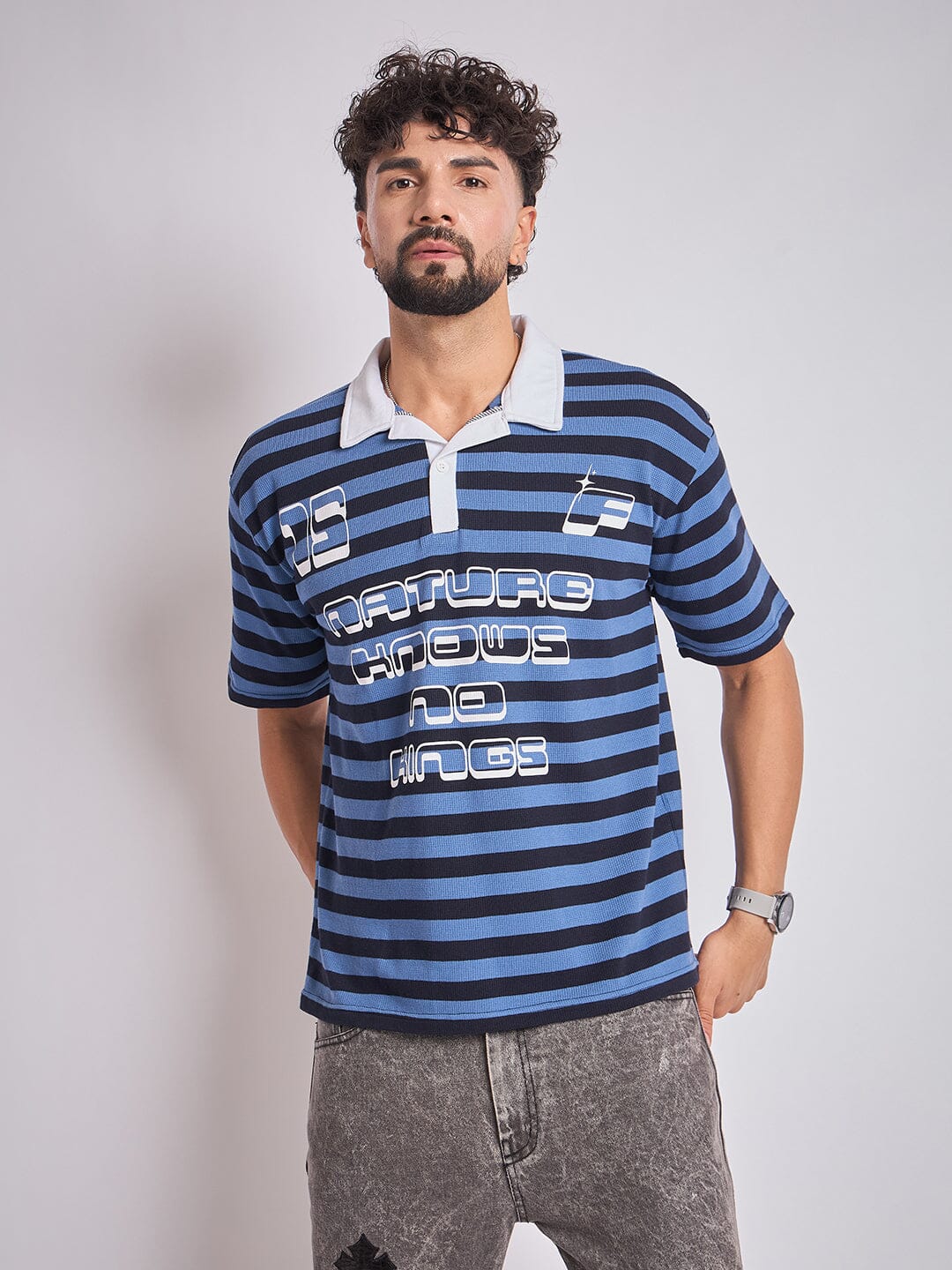 Navy Striped Graphic Polo Tshirt