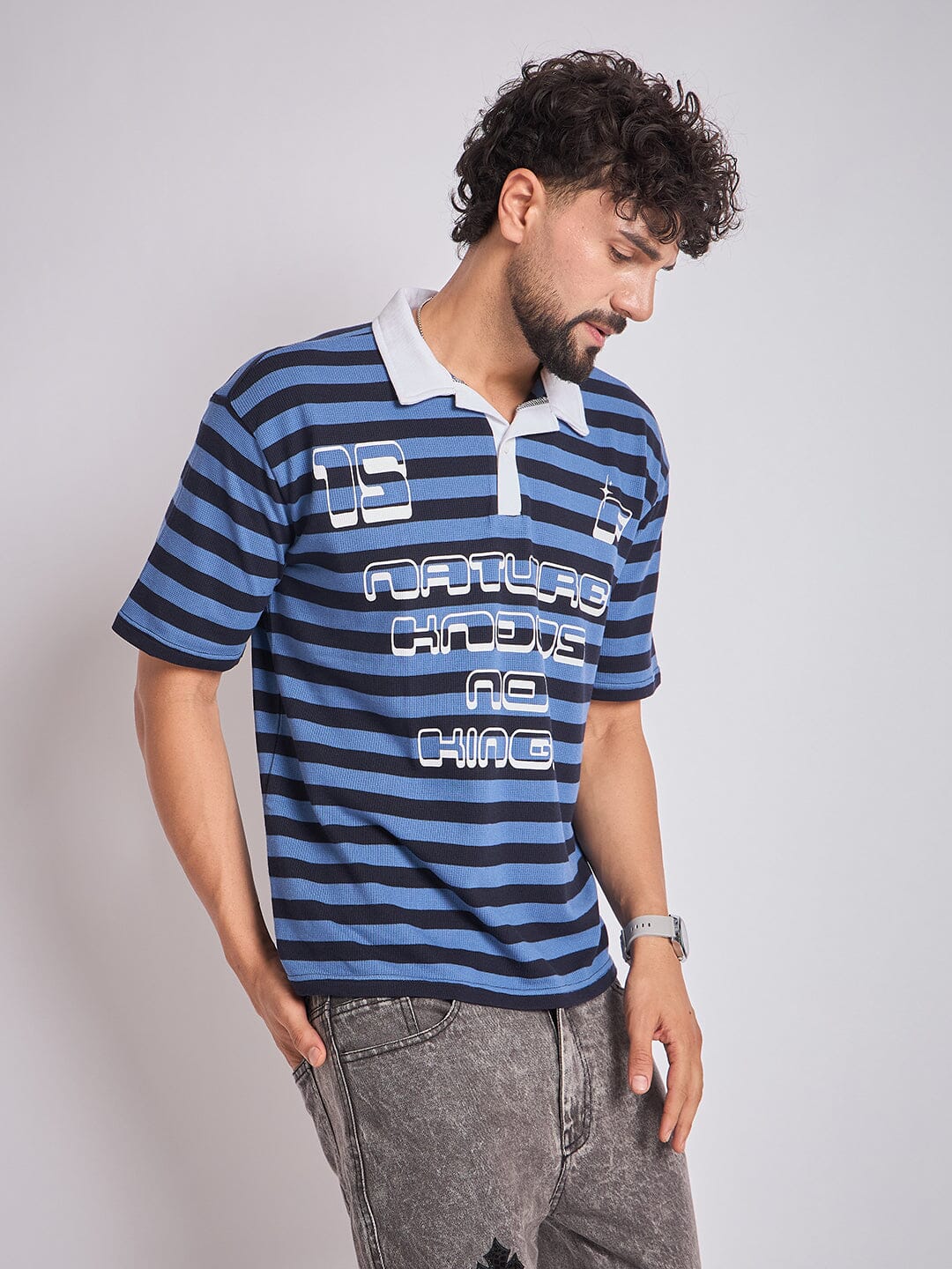Navy Striped Graphic Polo Tshirt