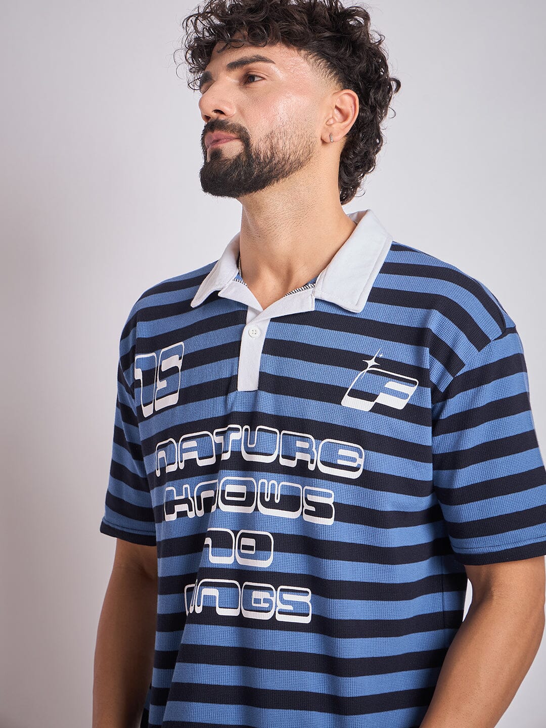 Navy Striped Graphic Polo Tshirt