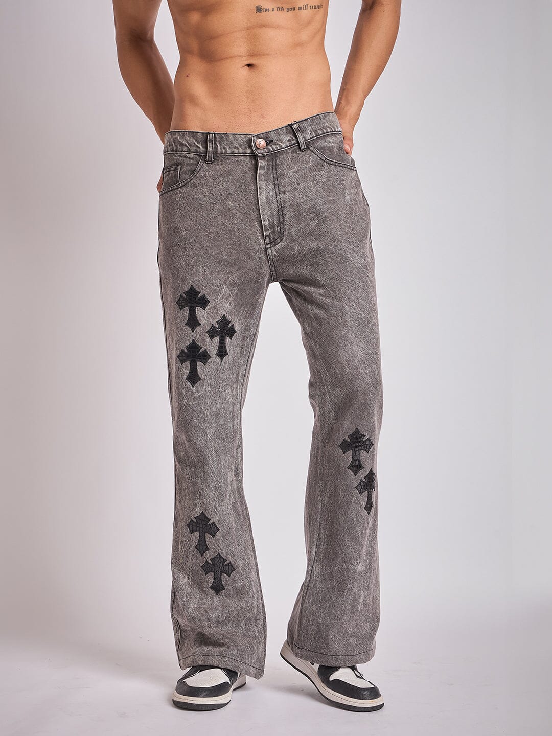 Grey Pu Cross Flared Denim