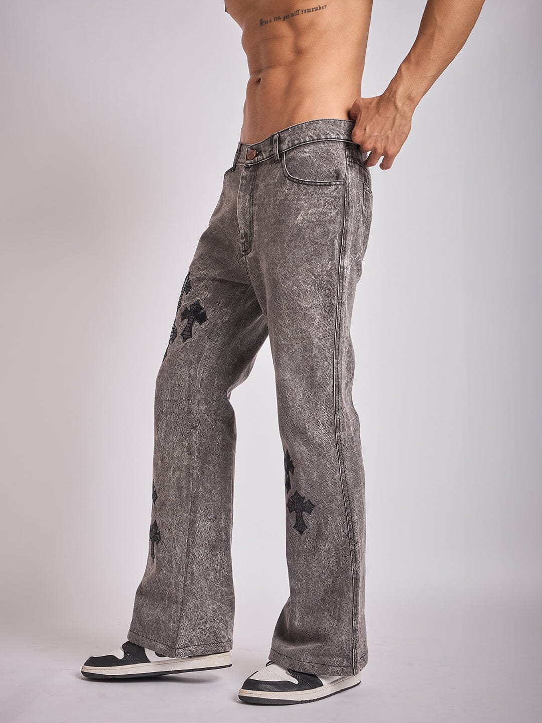 Grey Pu Cross Flared Denim