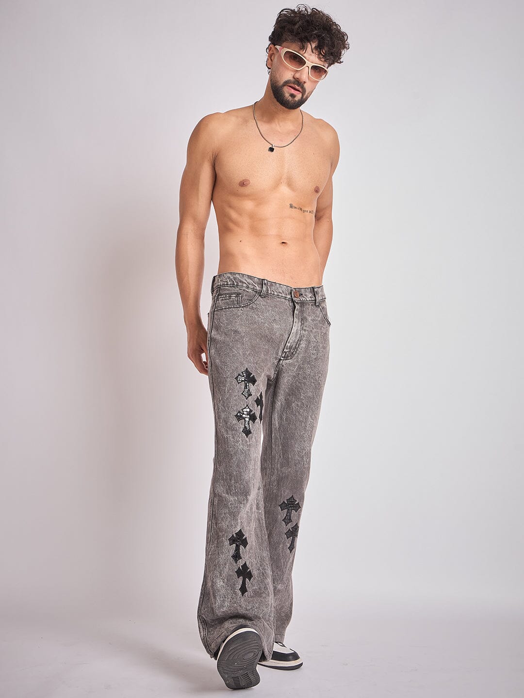 Grey Pu Cross Flared Denim