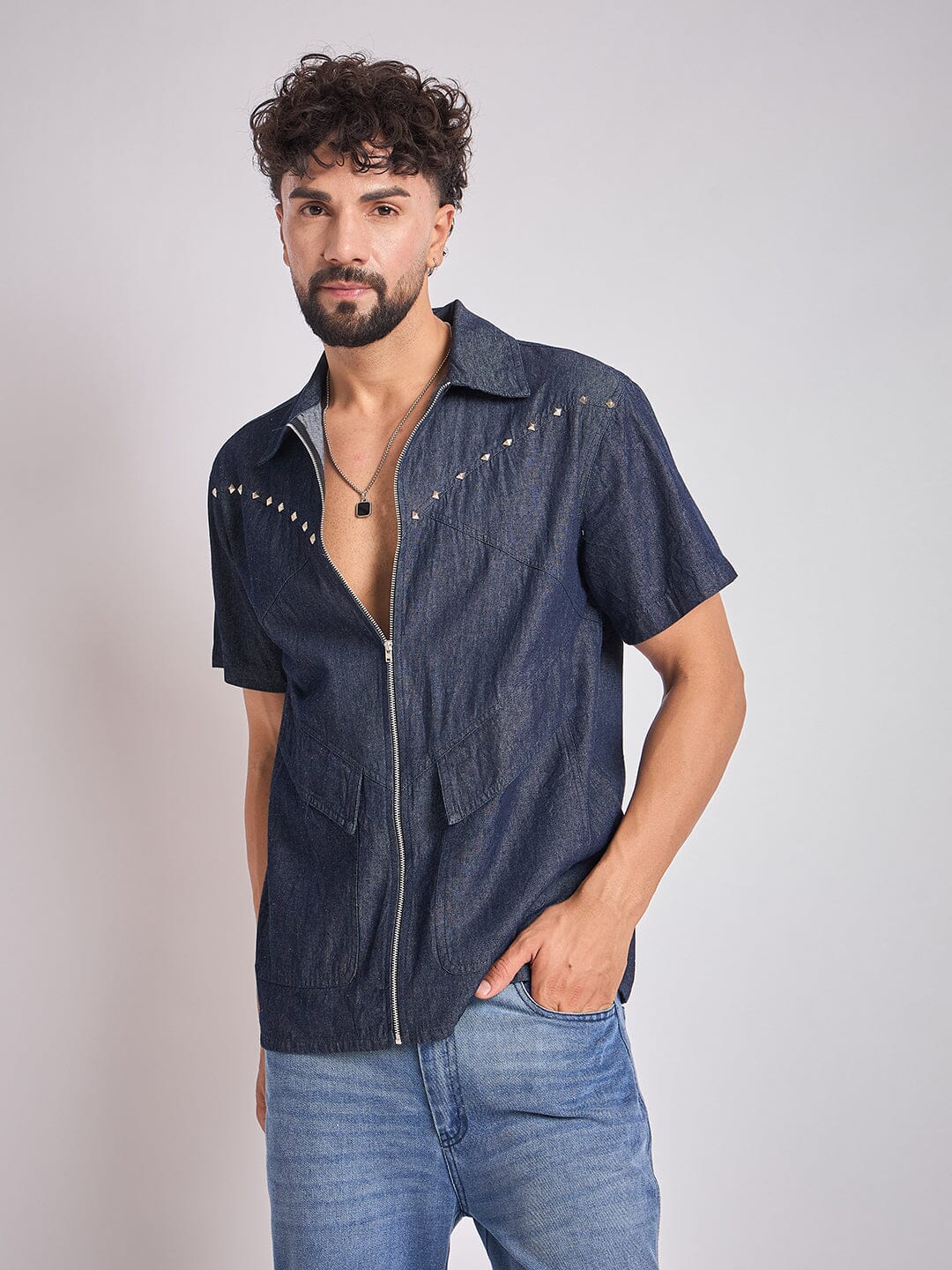 Dark Wash Studded Denim Shirt