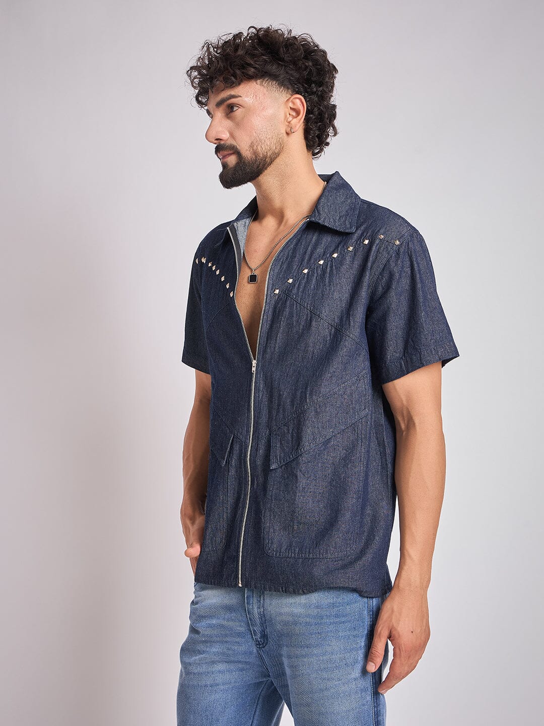 Dark Wash Studded Denim Shirt