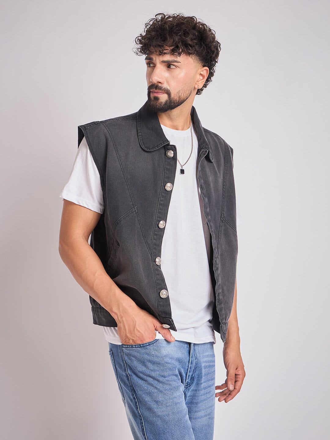 Black Cut-Sew Sleeveless Denim Jacket