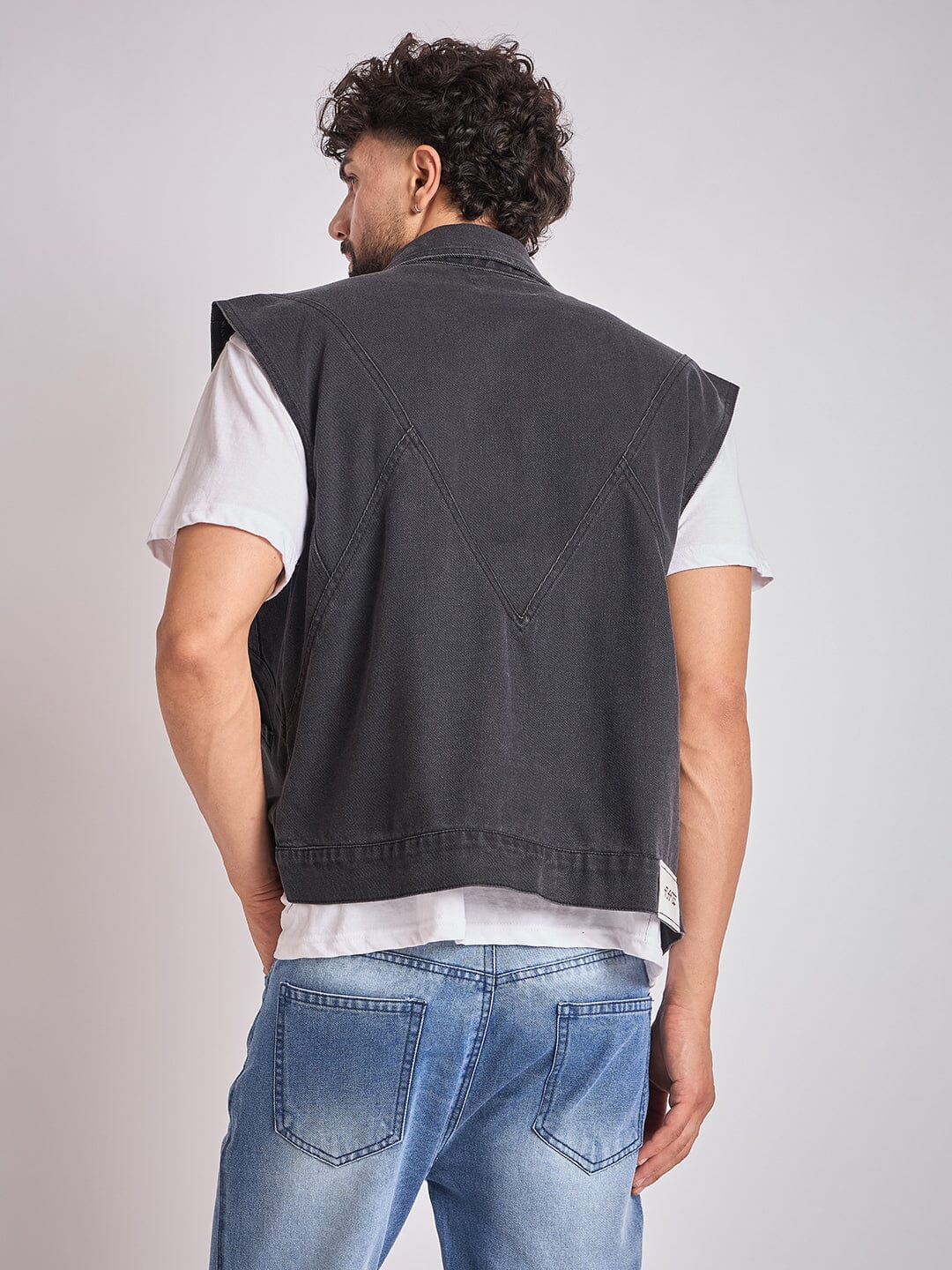 Black Cut-Sew Sleeveless Denim Jacket