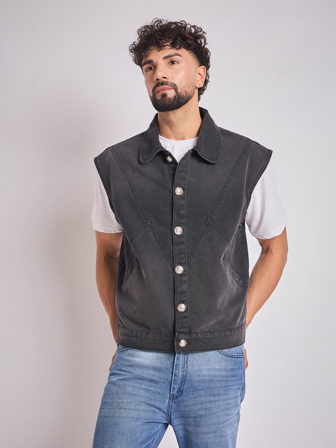 Black Cut-Sew Sleeveless Denim Jacket