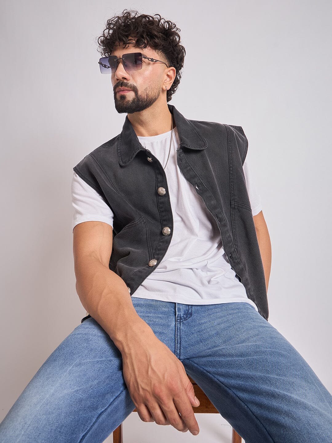 Black Cut-Sew Sleeveless Denim Jacket