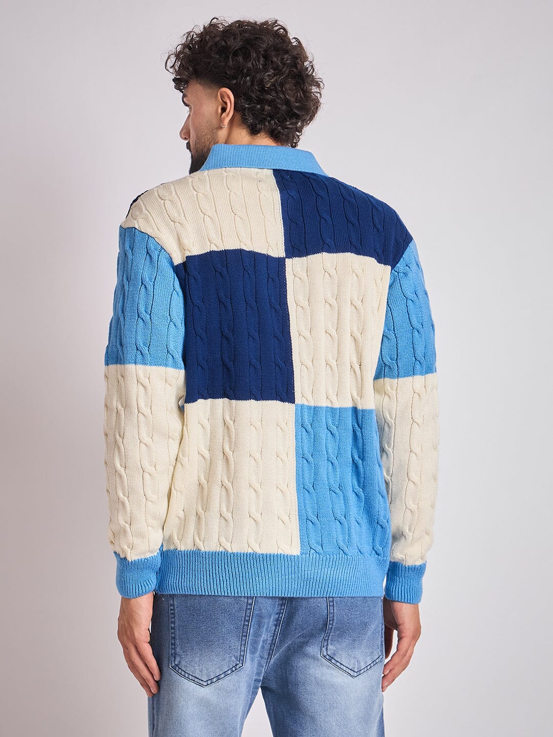 Blue Coloured Blocked Cable Knit Sweater