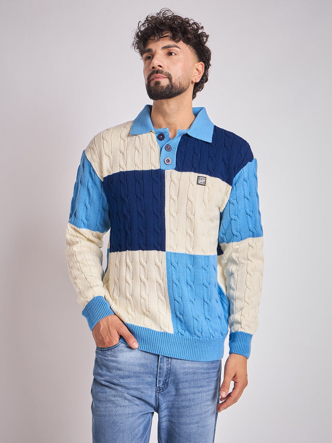 Blue Coloured Blocked Cable Knit Sweater