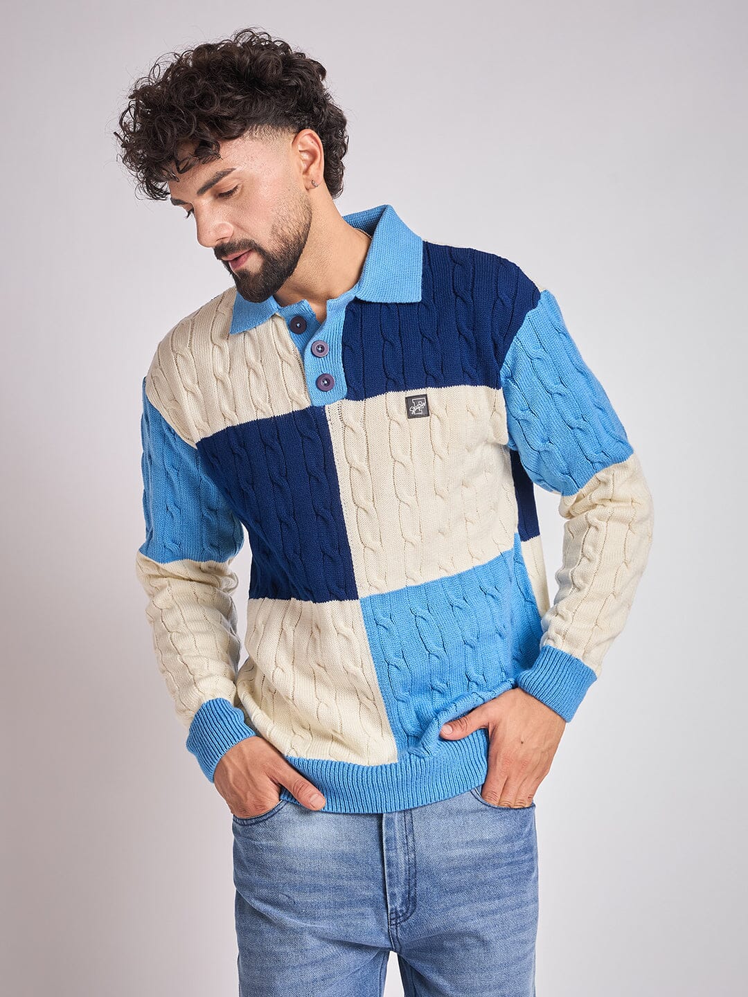 Blue Coloured Blocked Cable Knit Sweater