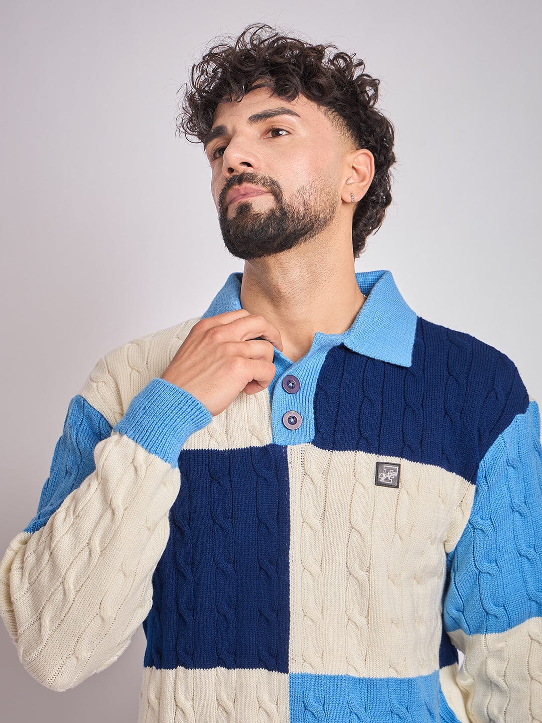 Blue Coloured Blocked Cable Knit Sweater