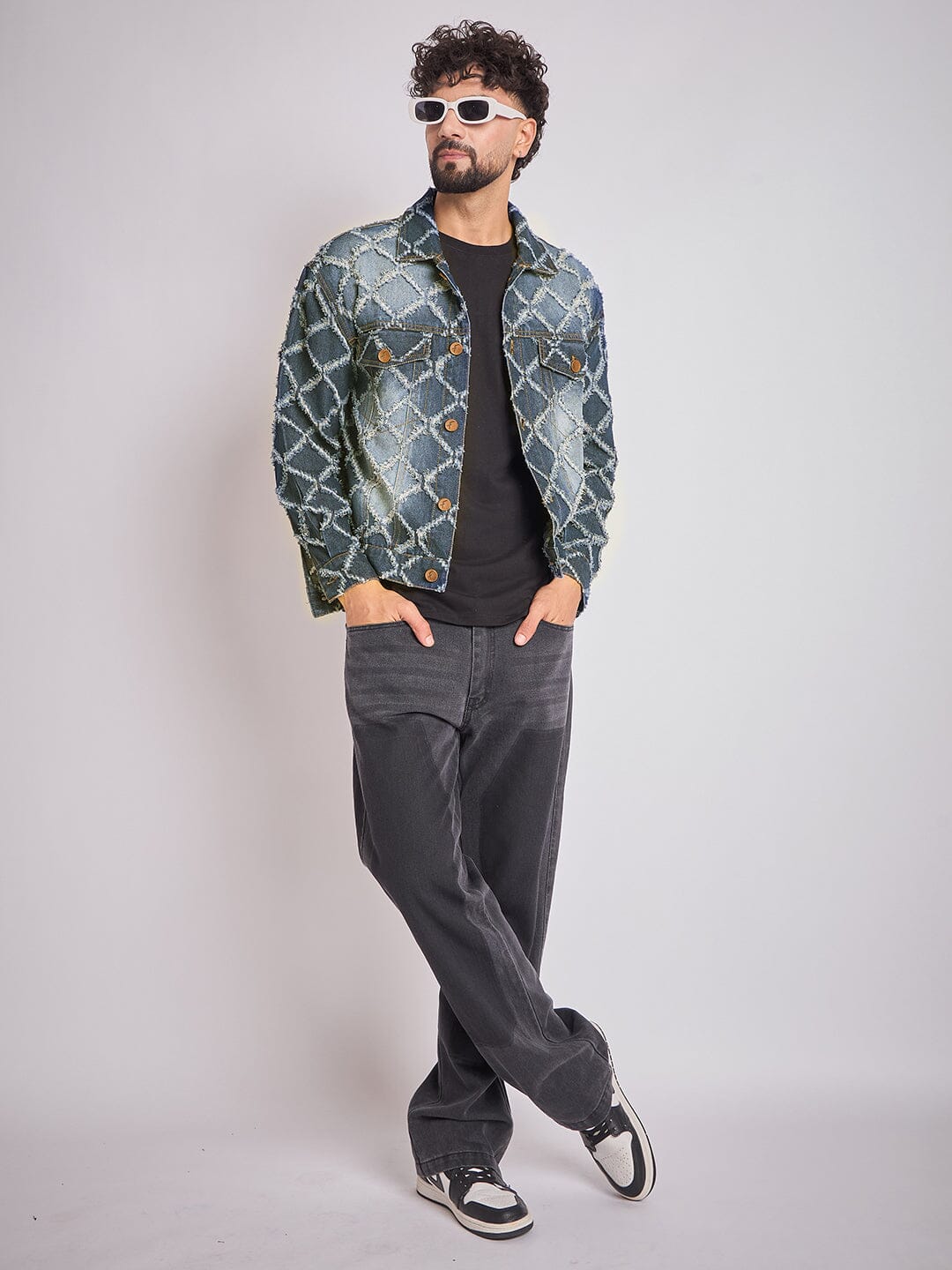 Dark Washed Damaged Patterned Denim Jacket