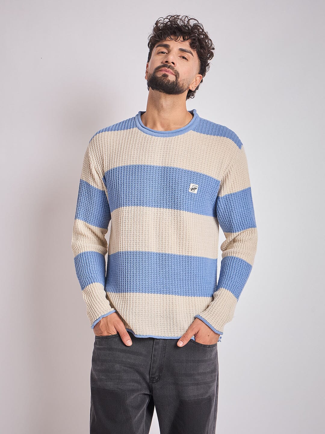 Sky and Cream Striped Raw Edge Sweater