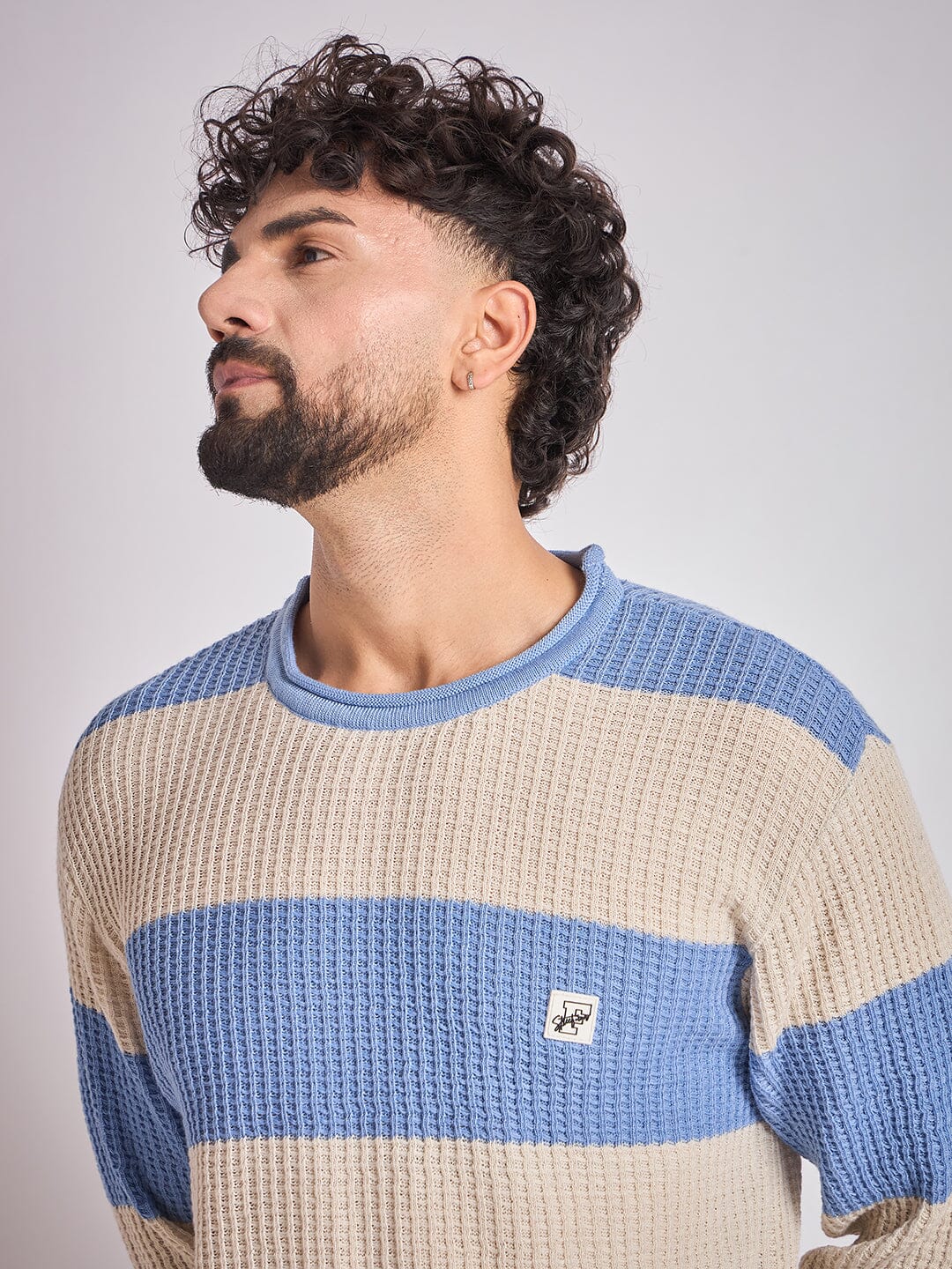 Sky and Cream Striped Raw Edge Sweater