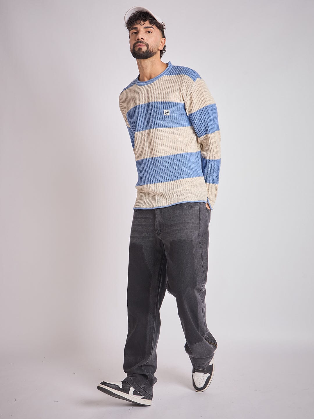 Sky and Cream Striped Raw Edge Sweater