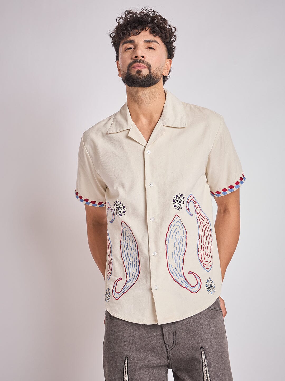 Ecru Paisley Embroidery Cuban Shirt