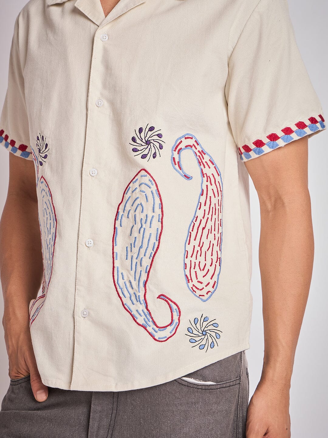 Ecru Paisley Embroidery Cuban Shirt