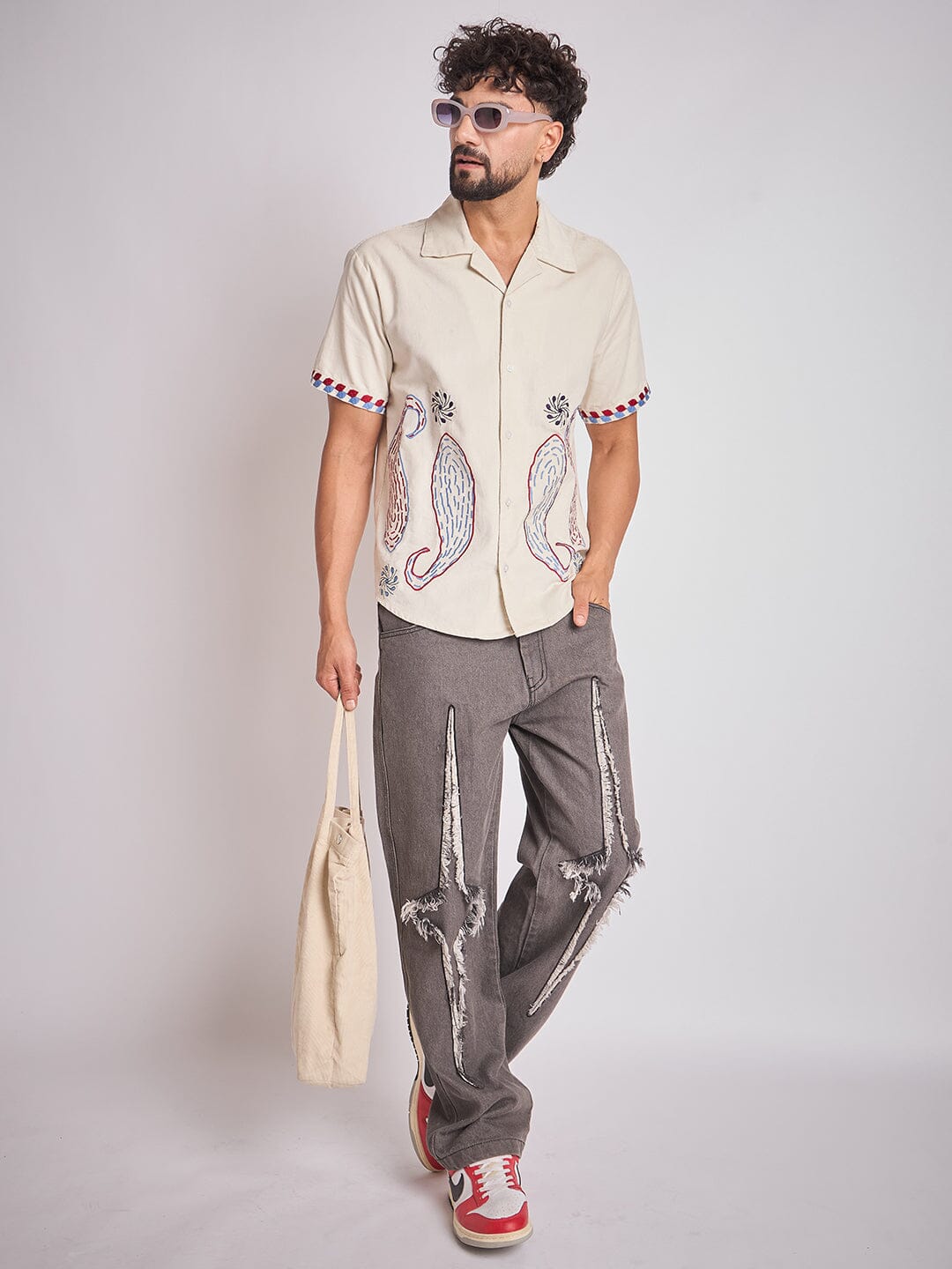 Ecru Paisley Embroidery Cuban Shirt