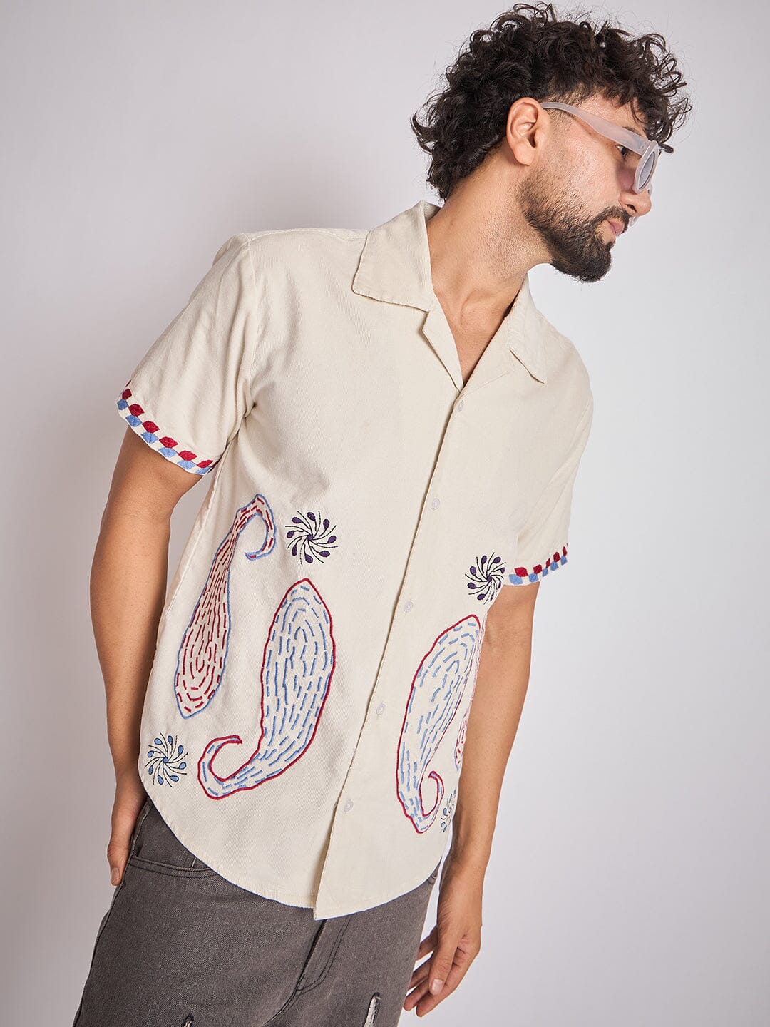 Ecru Paisley Embroidery Cuban Shirt