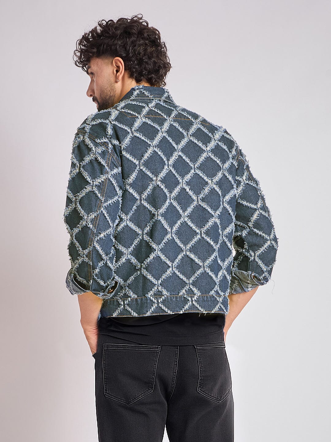 Dark Washed Damaged Patterned Denim Jacket