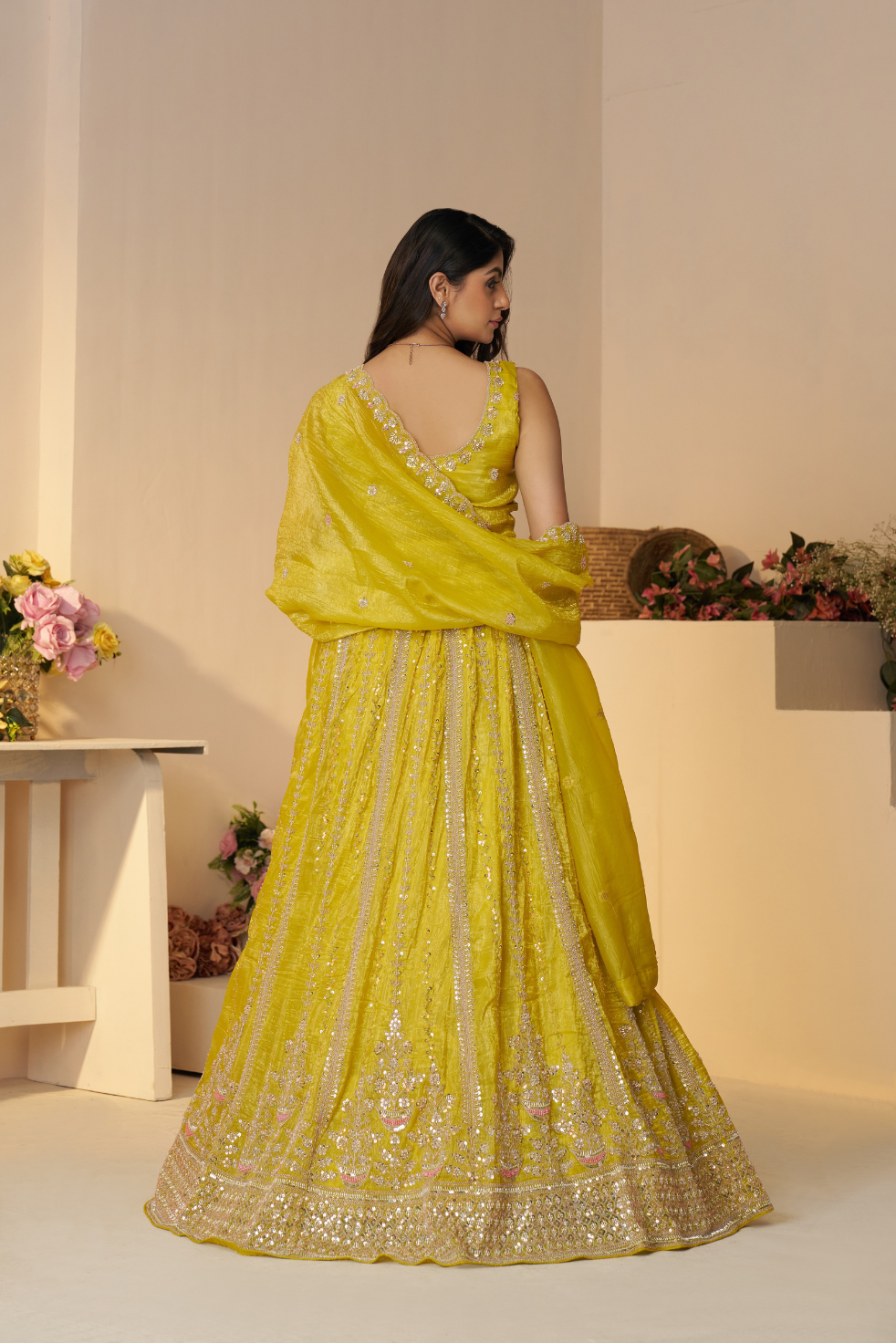 Haldi Ceremony Lehenga with Sequin and Cut Dana Work - qivii