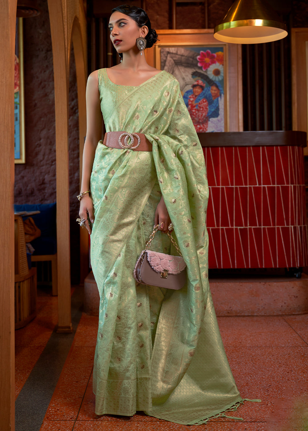 Sage Green Woven Tussar Silk Saree - qivii