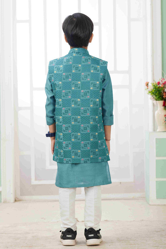 Boy's Rama Green Art Silk Embroidery Jacket Set
