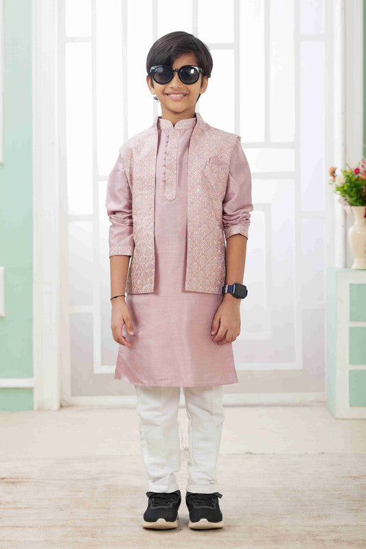 Boy's Onion Pink Art Silk Embroidery Jacket Set