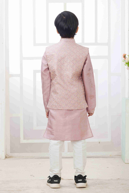 Boy's Onion Pink Art Silk Embroidery Jacket Set