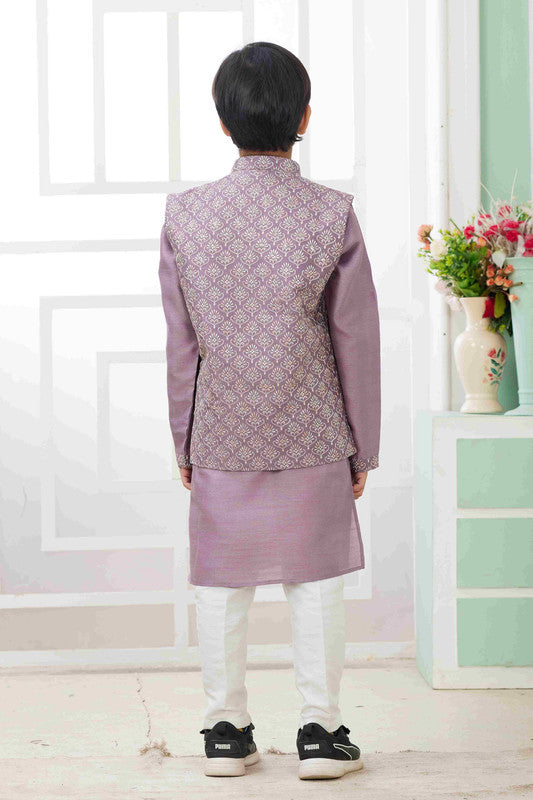 Boy's Dark Onion Pink Art Silk Embroidery Jacket Set
