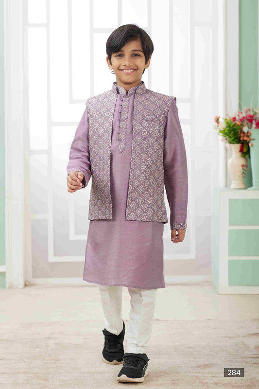 Boy's Dark Onion Pink Art Silk Embroidery Jacket Set