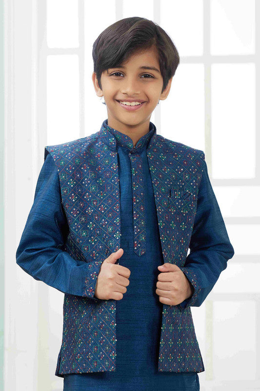 Boy's Teal Blue Art Silk Embroidery Jacket Set