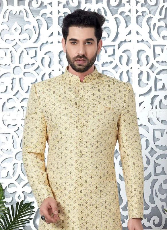 Men's Yellow Jacquard Silk Embroidery Indo Western Set
