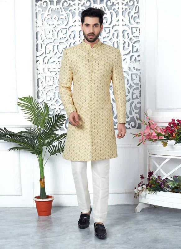 Men's Yellow Jacquard Silk Embroidery Indo Western Set