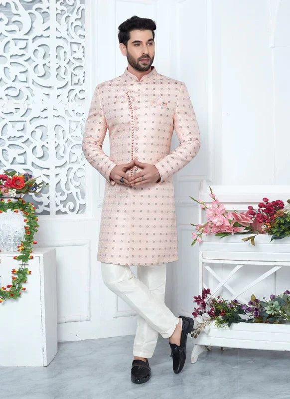 Men's Pink Jacquard Silk Embroidery Indo Western Set
