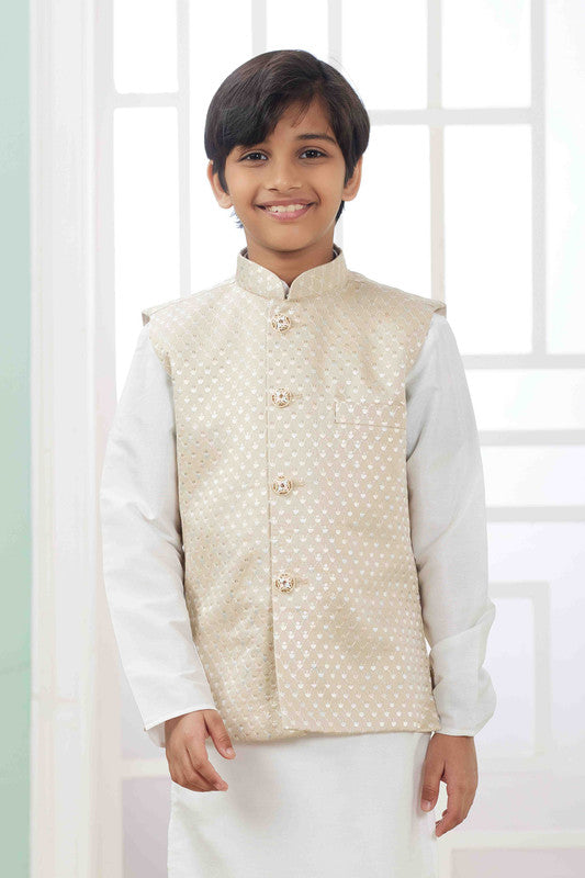 Boy's Off White Art Silk Embroidery Jacket Set