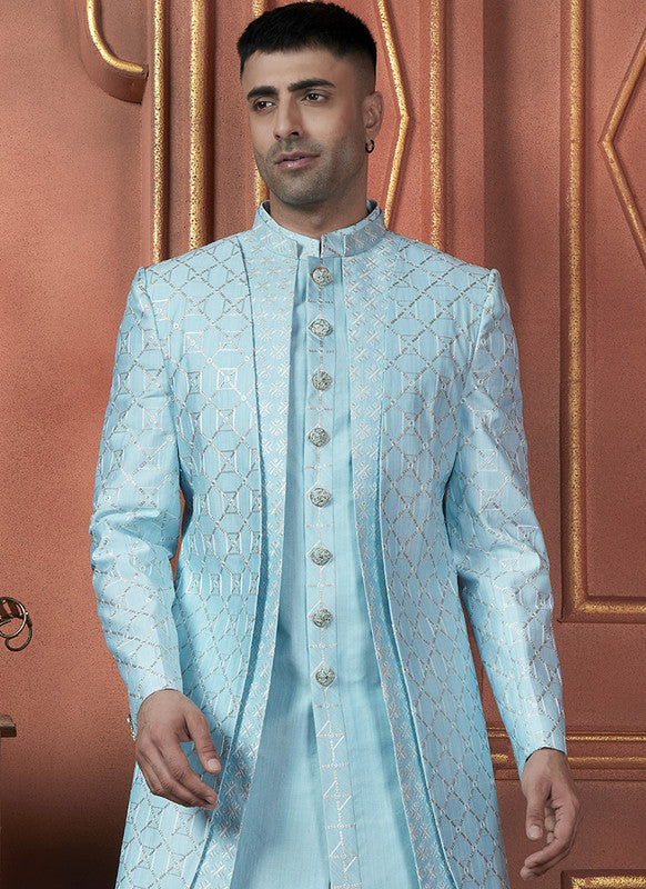 Men's Sky Blue Art Silk Thread Work Indo Western Set