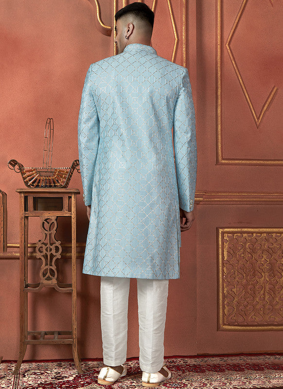 Men's Sky Blue Art Silk Thread Work Indo Western Set