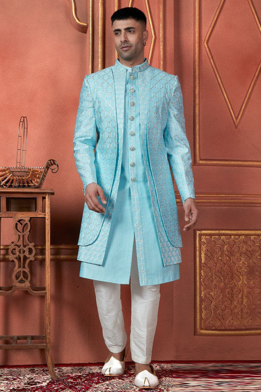 Men's Sky Blue Art Silk Thread Work Indo Western Set